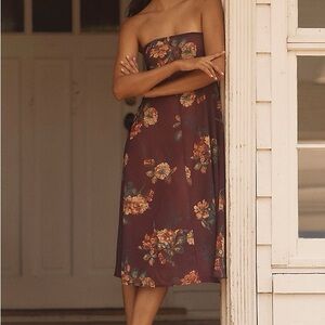 Anthropologie Lyrebird Strapless Floral Midi Chiffon Dress in Burgundy